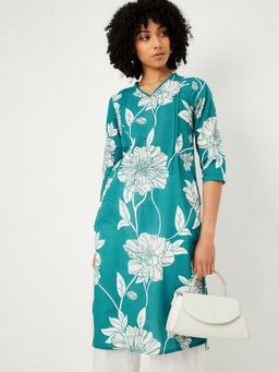 max - Women Teal Cambric Floral Straight Kurta