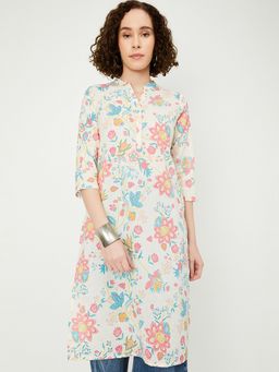 max - Women Off White Cambric Floral Straight Kurta