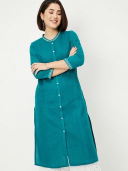 max - Women Teal Cotton Blend Stripes Straight Kurta