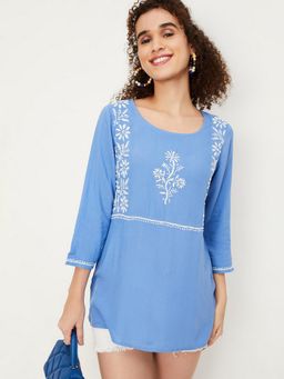 max - Women Blue Rayon Embroidered A-Line Kurti