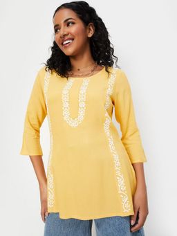 max - Women Yellow Rayon Embroidered Straight Kurti