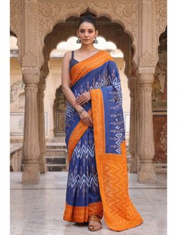 Anjaneya Sarees - Blue Cotton Silk Printed Solid Saree With Unstitched Blouse