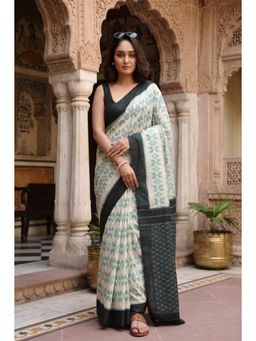 Anjaneya Sarees - Women Green Designer Cotton Silk Printed Solid Saree With Unstitched Blouse