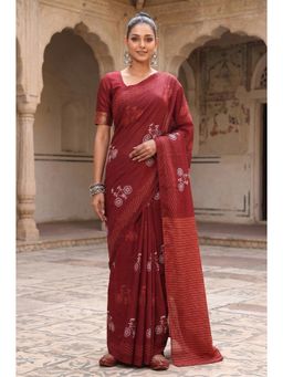 Anjaneya Sarees - Red Women Cotton Silk Printed Solid Saree With Unstitched Blouse
