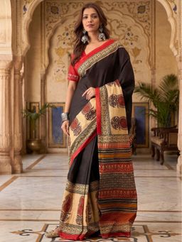 Anjaneya Sarees - Women Black Designer Cotton Silk Printed Solid Saree With Unstitched Blouse