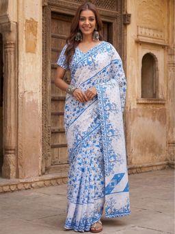 Anjaneya Sarees - White Designer Cotton Silk Printed Solid Saree With Unstitched Blouse