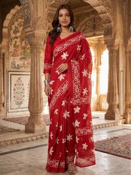 Anjaneya Sarees - Red Designer Cotton Silk Printed Solid Saree With Unstitched Blouse
