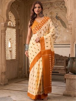 Anjaneya Sarees - Beige Cotton Silk Printed Solid Saree With Unstitched Blouse