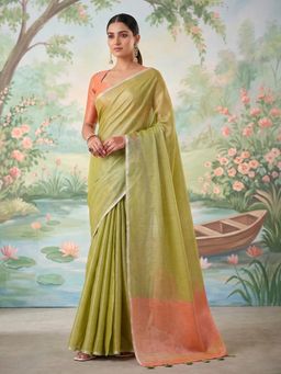 Sutriti - Women Mehendi Green Tissue Silk Saree With Unstitched Blouse