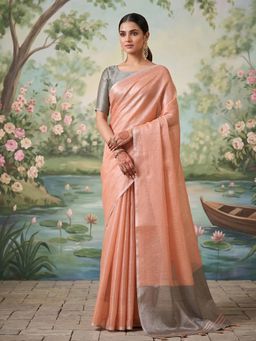 Sutriti - Peach Tissue Silk Saree With Unstitched Blouse
