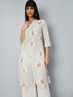 max - Women Grey Cotton Blend Stripes Straight Kurta