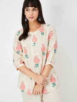 max - Women Off White Cotton Blend Floral Straight Kurti
