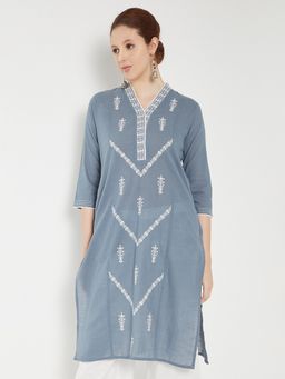 max - Women Grey Cotton Blend Embroidered Straight Kurta
