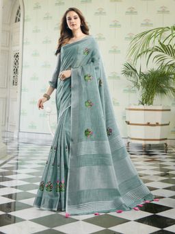 Sutriti - Women Sea Green Floral Embroidery Border and Tassels Saree With Unstitched Blouse