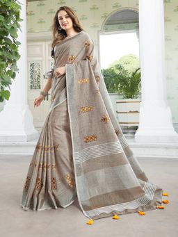 Sutriti - Women Brown Floral Embroidery Border and Tassels Saree With Unstitched Blouse
