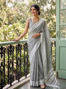 Sutriti - Grey Linen Saree With Unstitched Blouse