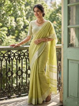 Sutriti - Green Linen Saree With Unstitched Blouse