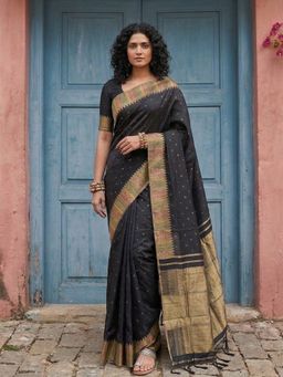 Sutriti - Designer Midnight Black Woven Art Silk Saree With Unstitched Blouse