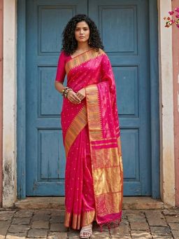 Sutriti - Hot Rani Pink Bridal Style Soft Lichi Silk Saree With Unstitched Blouse