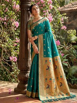 Sutriti - Women Teal Green Pathani Soft Silk Saree With Unstitched Blouse