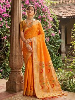 Sutriti - Women Orange Pathani Soft Silk Saree With Unstitched Blouse