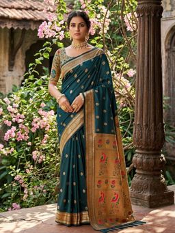 Sutriti - Women Dark Teal Pathani Soft Silk Saree With Unstitched Blouse