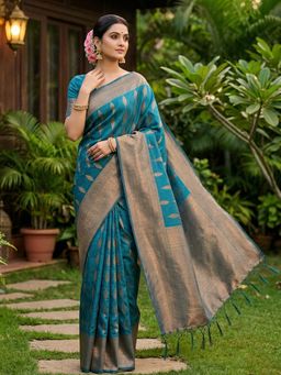 Sutriti - Turquoise Woven Banarasi Silk Saree With Unstitched Blouse