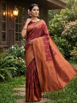 Sutriti - Women Maroon Woven Banarasi Silk Saree With Unstitched Blouse