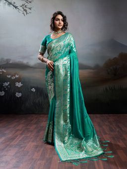 Sutriti - Women Teal Green Banarasi Silk Saree With Unstitched Blouse