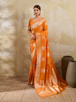 Sutriti - Orange Banarasi Soft Silk Saree With Unstitched Blouse