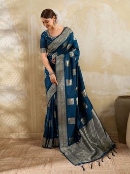 Sutriti - Navy Blue Banarasi Soft Silk Saree With Unstitched Blouse
