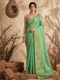 Sutriti - Mint Green Tissue Silk Saree With Unstitched Blouse