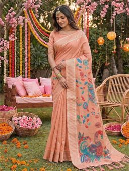 Sutriti - Peach Linen Saree With Unstitched Blouse