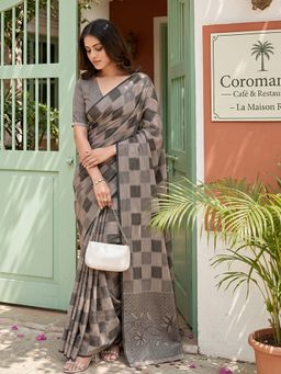 Sutriti - Women Taupe Brown Checked Linen Saree With Unstitched Blouse