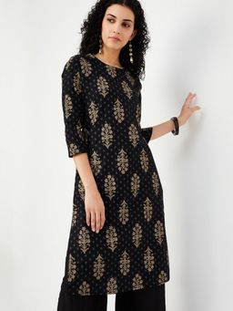 max - Women Black Cotton Blend Abstract Straight Kurta
