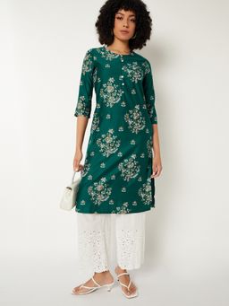 max - Women Green Silk Floral Straight Kurta