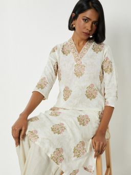 max - Women Off White Cotton Blend Floral Straight Kurta
