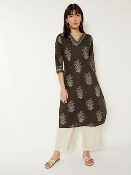 max - Women Floral Grey Print Straight Kurta