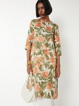 max - Women Floral Print Straight Off White Kurta