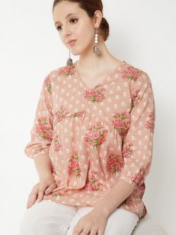 max - Women Peach Cotton Blend Floral Straight Kurti