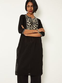 max - Women Embroidered Yoke Black A-line Kurta