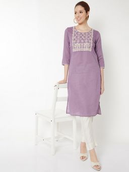 max - Women Embroidered Purple Straight Kurta