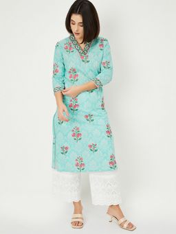 max - Women Aqua Cambric Floral Straight Kurta