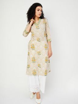 max - Women Off White Cambric Floral Straight Kurta