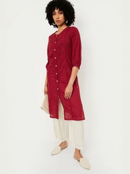 max - Women Maroon Cotton Blend Abstract Straight Kurta