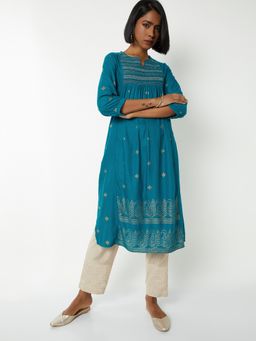 max - Women Teal Rayon Blend Abstract A-Line Kurta