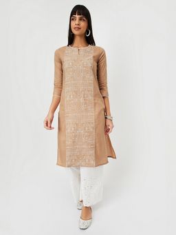 max - Women Beige Cotton Blend Embroidered Straight Kurta