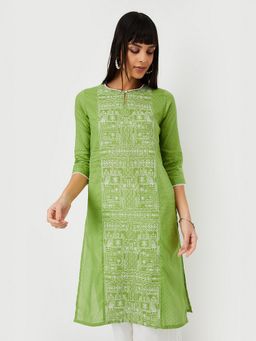 max - Women Green Cotton Blend Embroidered Straight Kurta