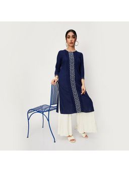 max - Women Indigo Rayon Blend Embroidered Straight Kurta
