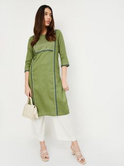 max - Women Olive Cotton Blend Embroidered Straight Kurta